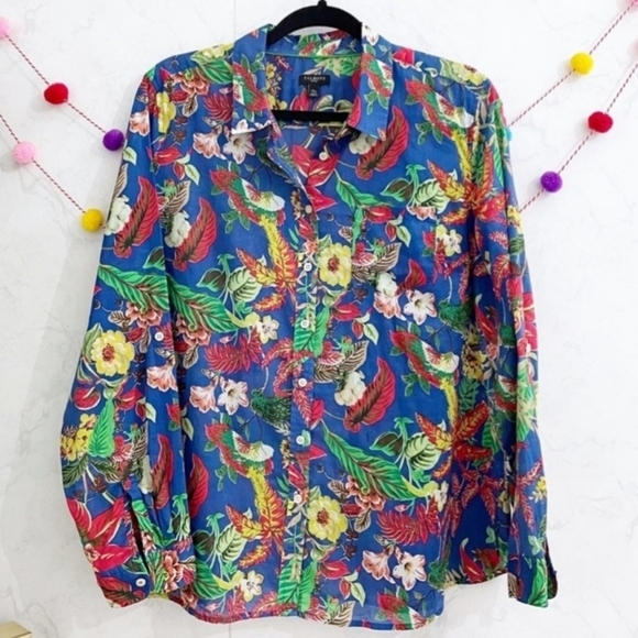 Talbots Petites Blue Tropical Floral Button Shirt Women's Medium Petite MP EUC - Picture 1 of 8